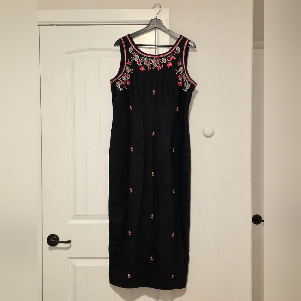 Black Linen Floral Embroidery Maxi Dress-  Size 12